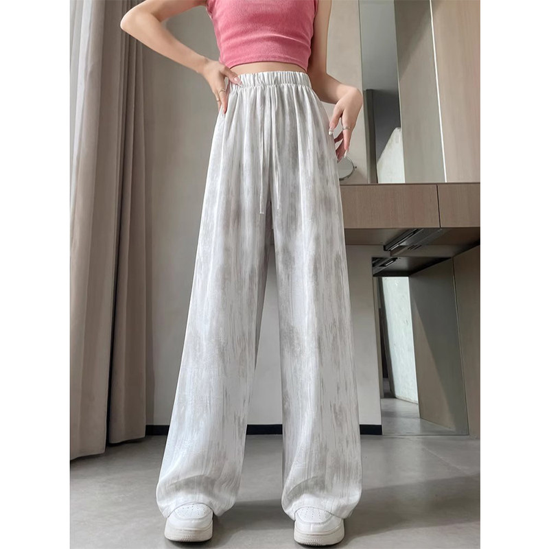 冰丝醋酸缎面裤子女夏季薄款小个子高腰垂感休闲凉凉裤扎染阔腿裤