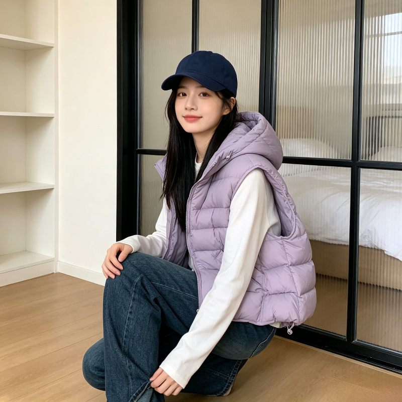 香芋紫秋冬设计感连帽休闲宽松小个子无袖坎肩减龄棉服马夹外套女