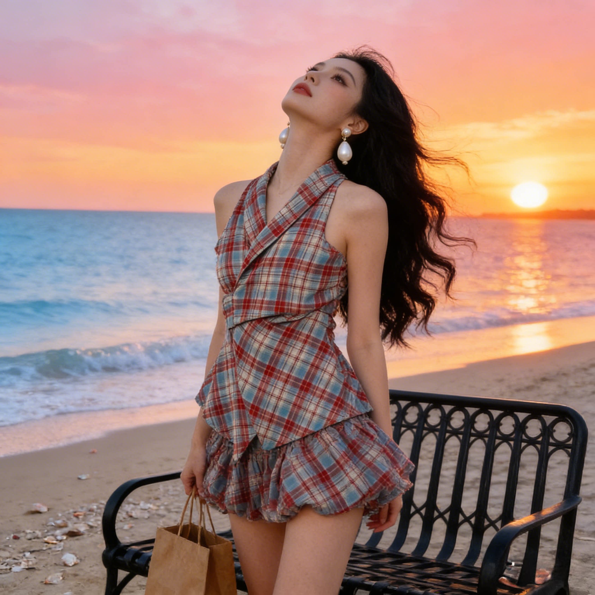 法式别致复古格子露肩无袖挂脖上衣女夏设计感小众掐腰小衫高级感