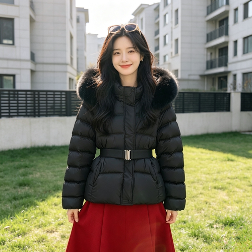 大毛领连帽加厚保暖宽松大码收腰显瘦气质防寒棉服外套女洋气百搭