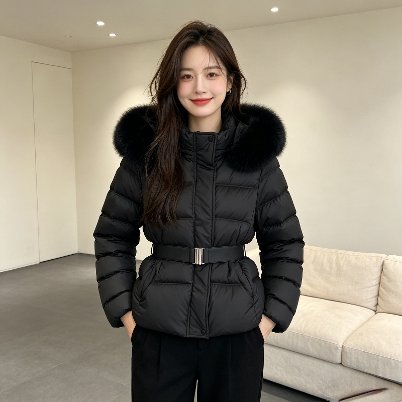 欧货大毛领设计感连帽轻奢宽松大码休闲加厚保暖棉服外套女收腰潮