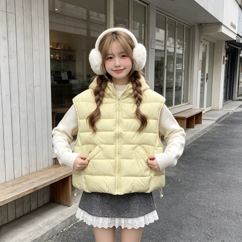 温柔风奶黄色减龄宽松大码休闲连帽小个子无袖坎肩棉服马夹外套女