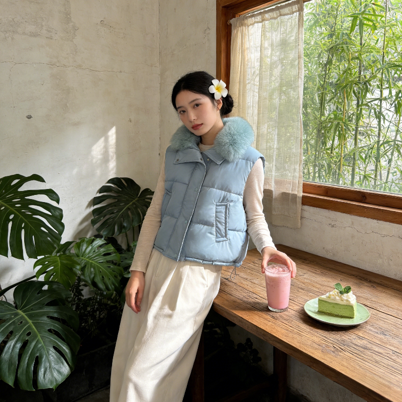 温柔风水蓝色大毛领气质休闲宽松小个子无袖坎肩棉服马夹外套女潮