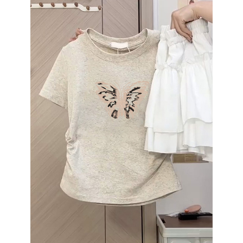 扎染复古正肩短袖t恤女夏季2026新款爆款修身显瘦掐腰短款小上衣