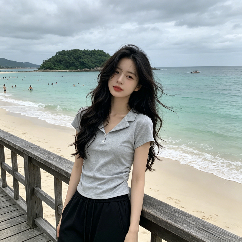 欧货灰色高级感修身显瘦掐腰正肩Polo衫翻领短袖T恤女小个子上衣