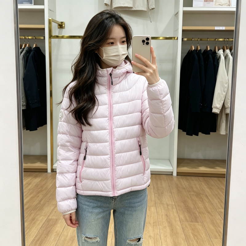 粉色温柔风连帽轻薄款保暖防寒宽松小个子排骨服外套女棉衣气质潮