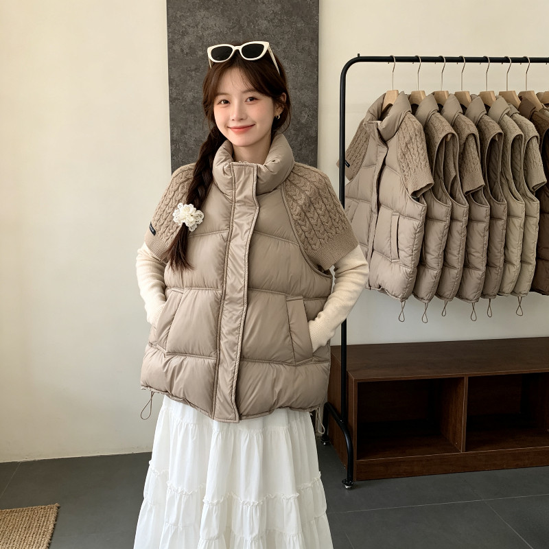 温柔风设计感立领短袖针织拼接休闲百搭棉服马夹外套女洋气轻奢风