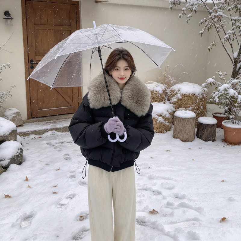 欧货冬季大毛领翻领短款加厚保暖防寒宽松小个子棉服外套女面包服