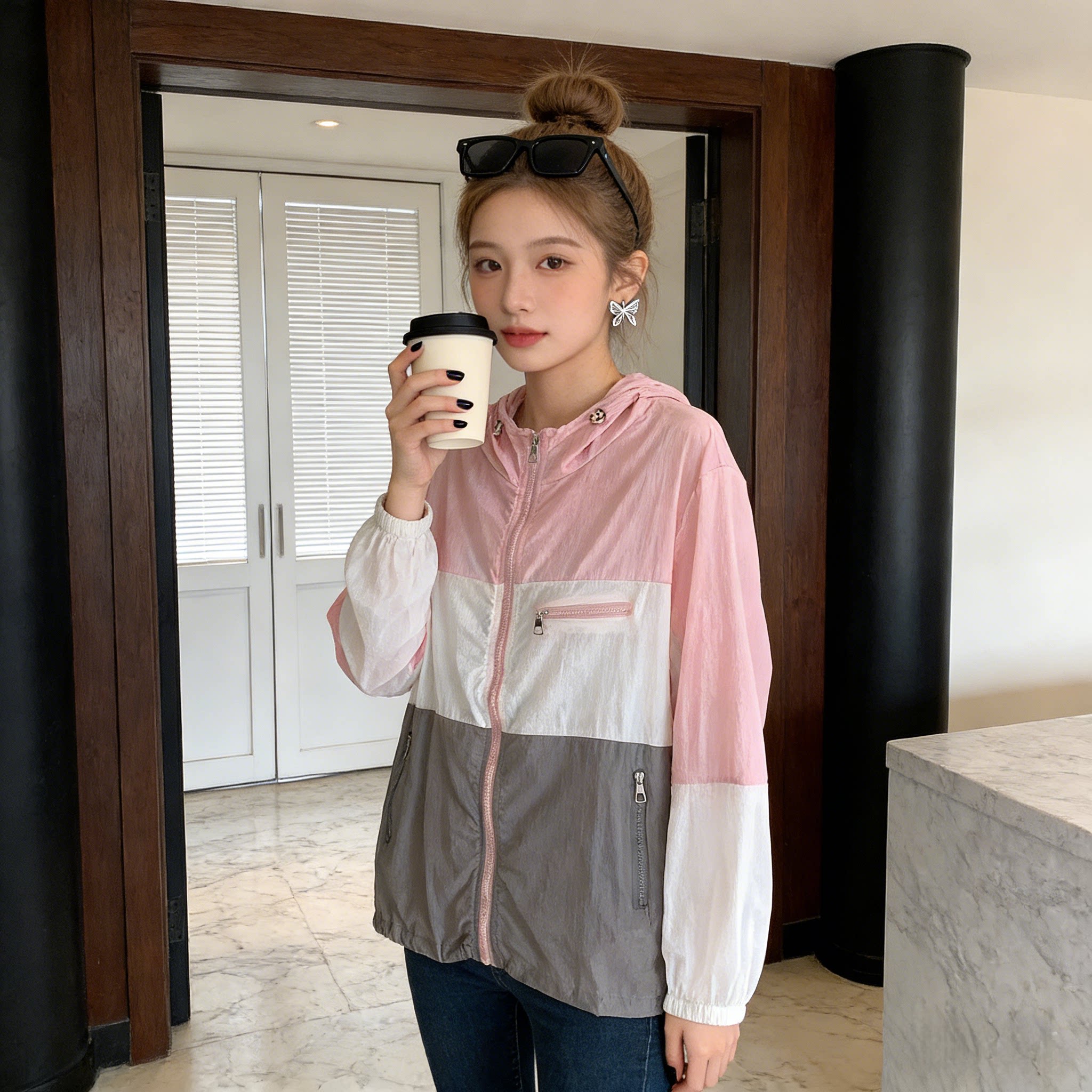 潮流时尚拼色小个子衣女2026新款休闲运动户外轻薄连帽防晒衣外套