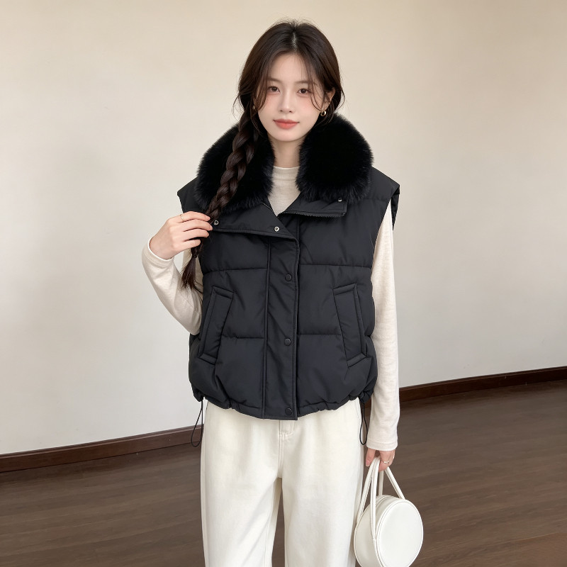 欧货大毛领休闲宽松大码小个子短款无袖坎肩棉服马夹外套女设计感