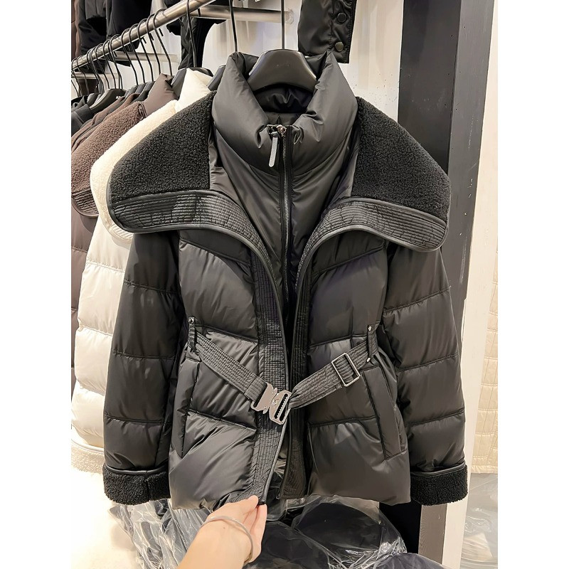 欧货大翻领羊羔毛拼接收腰显瘦小个子棉服外套女百搭派克棉袄洋气