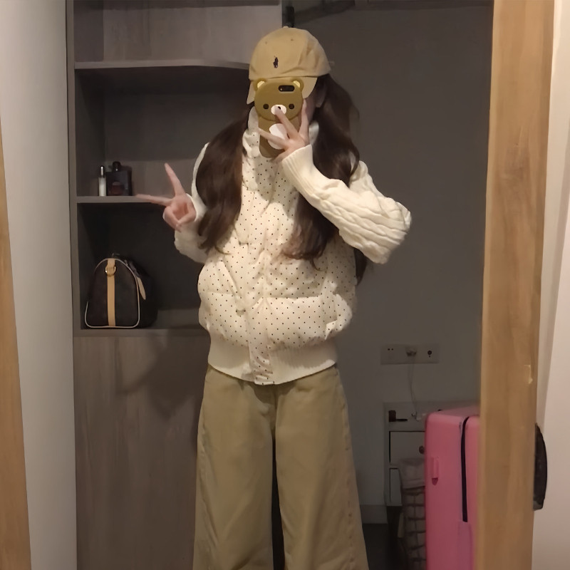 针织麻花袖子拼接设计感波点减龄洋气休闲小个子宽松棉服外套女潮