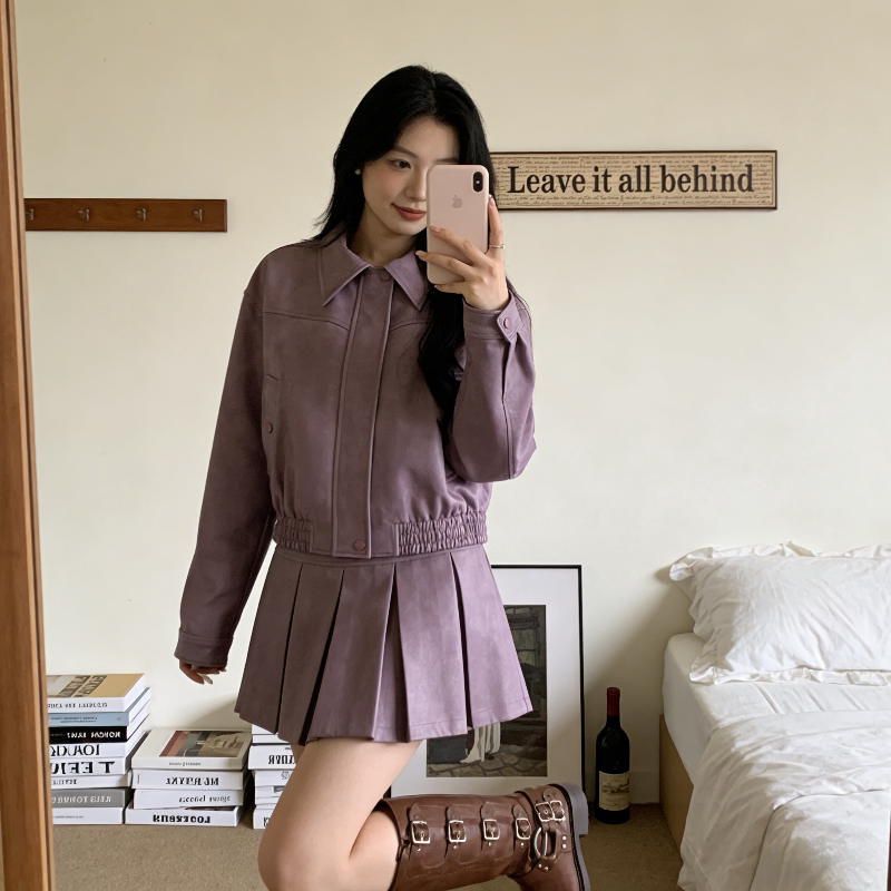 紫色pu皮免洗亮面设计感短款翻领皮衣外套女洋气小个子机车夹克潮