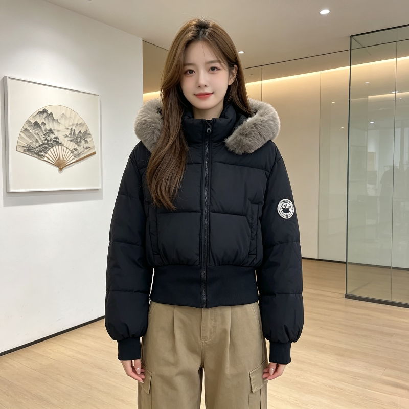 欧货大毛领冬季加厚保暖防寒宽松连帽小个子棉服外套女面包服棉袄