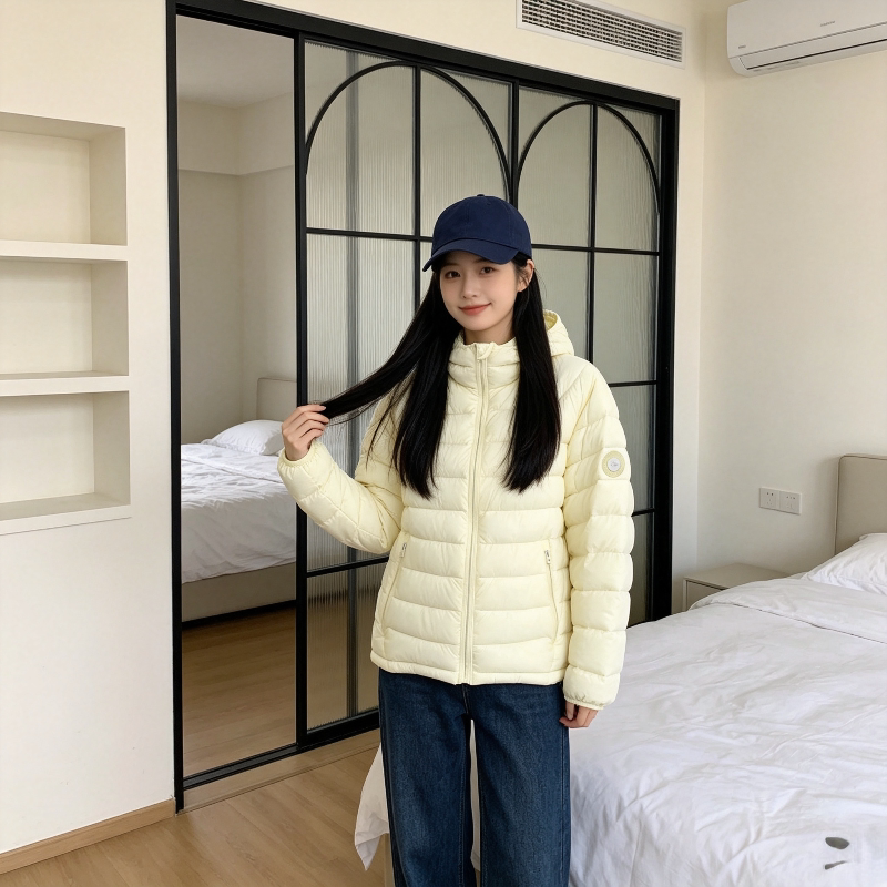 奶黄色秋冬设计感连帽轻薄款保暖防寒休闲小个子排骨服外套女棉衣