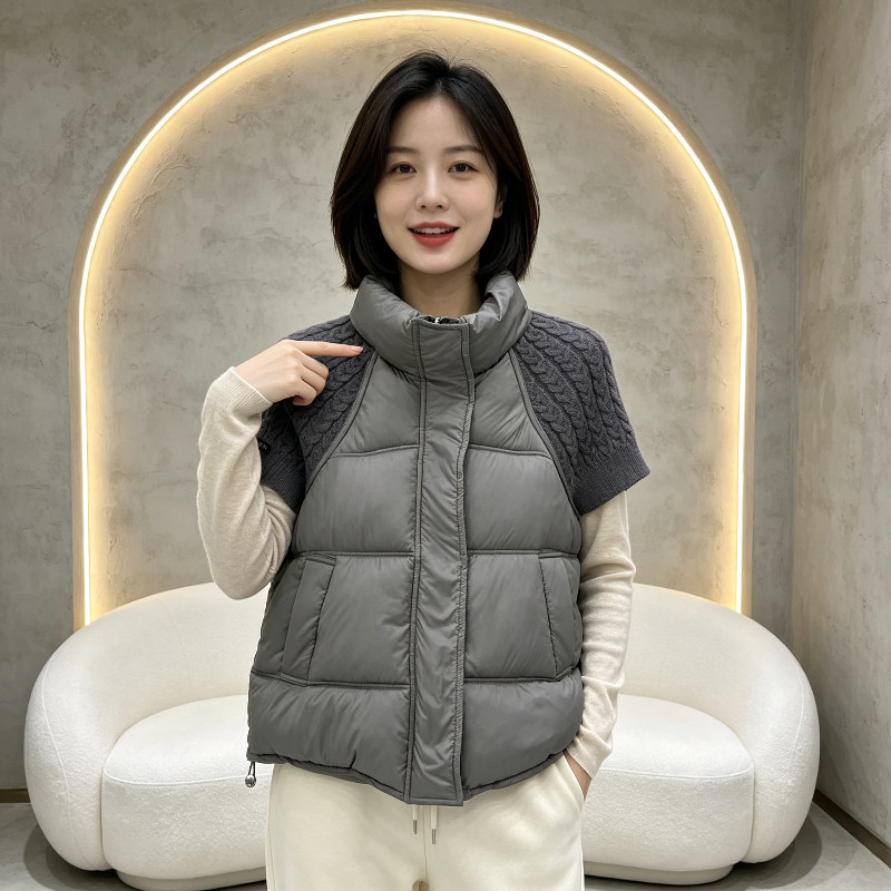 欧货秋冬设计感立领休闲短款气质针织短袖棉服马夹外套女洋气百搭