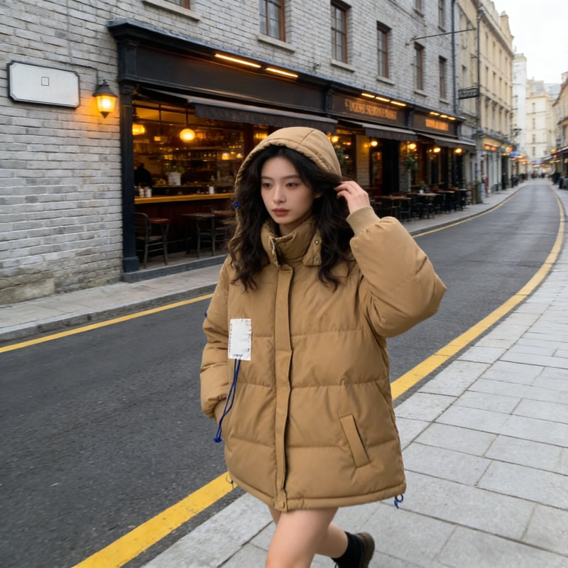 美式时尚拼接连帽棉服女冬季高级感小众复古加厚保暖棉衣学生外套
