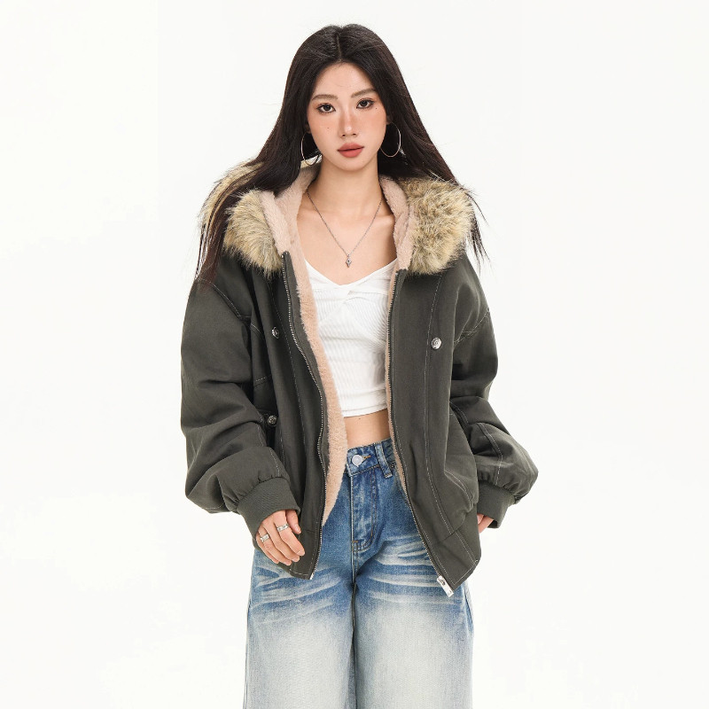 座山雕加绒连帽毛领外套女休闲宽松大码小个子棉服外套女洋气欧货