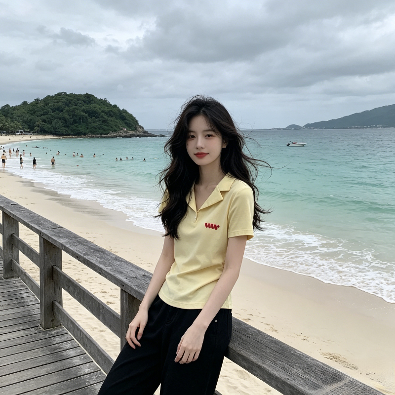 温柔风奶黄色Polo衫正肩短袖T恤女夏季设计感掐腰显瘦修身上衣潮