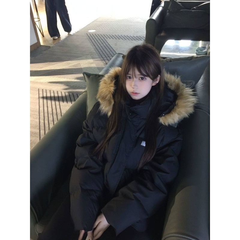 大毛领冬季连帽工装港风设计感宽松大码小个子派克棉服外套女棉袄