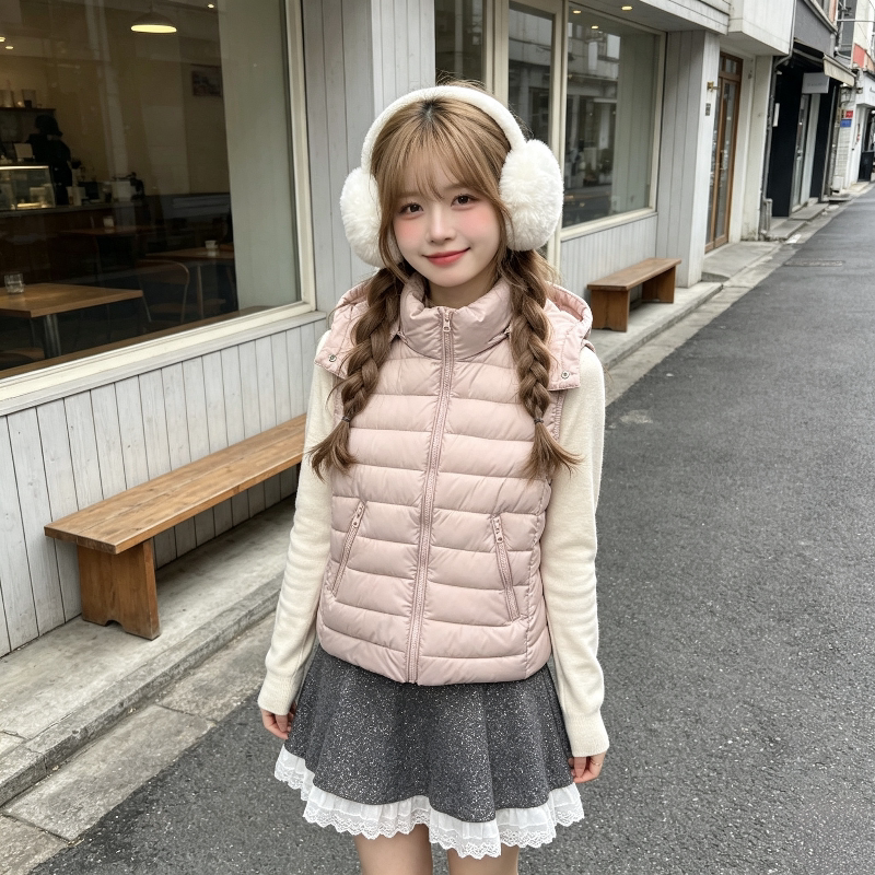粉色温柔风小个子修身显瘦无袖坎肩连帽棉服马夹外套女减龄百搭潮