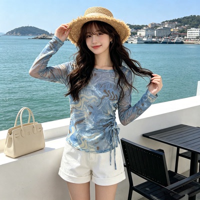 夏季薄款冰丝透气渐变色长袖休闲圆领T恤上衣女防晒罩衫百搭气质