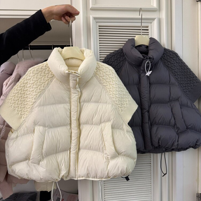 欧货秋冬设计感立领针织短袖休闲宽松小个子棉服马夹外套女洋气潮
