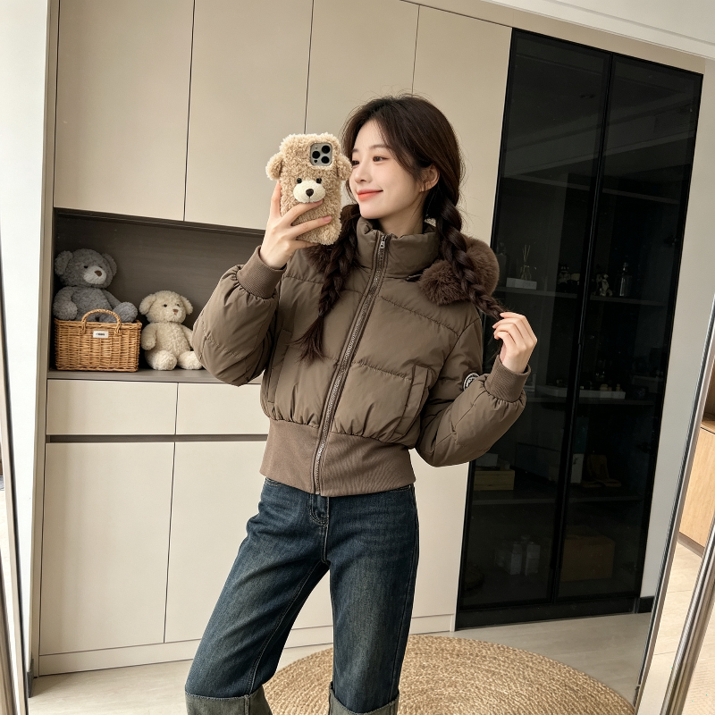 冬季大毛领加厚保暖防寒连帽宽松收腰显瘦小个子棉服外套女面包服