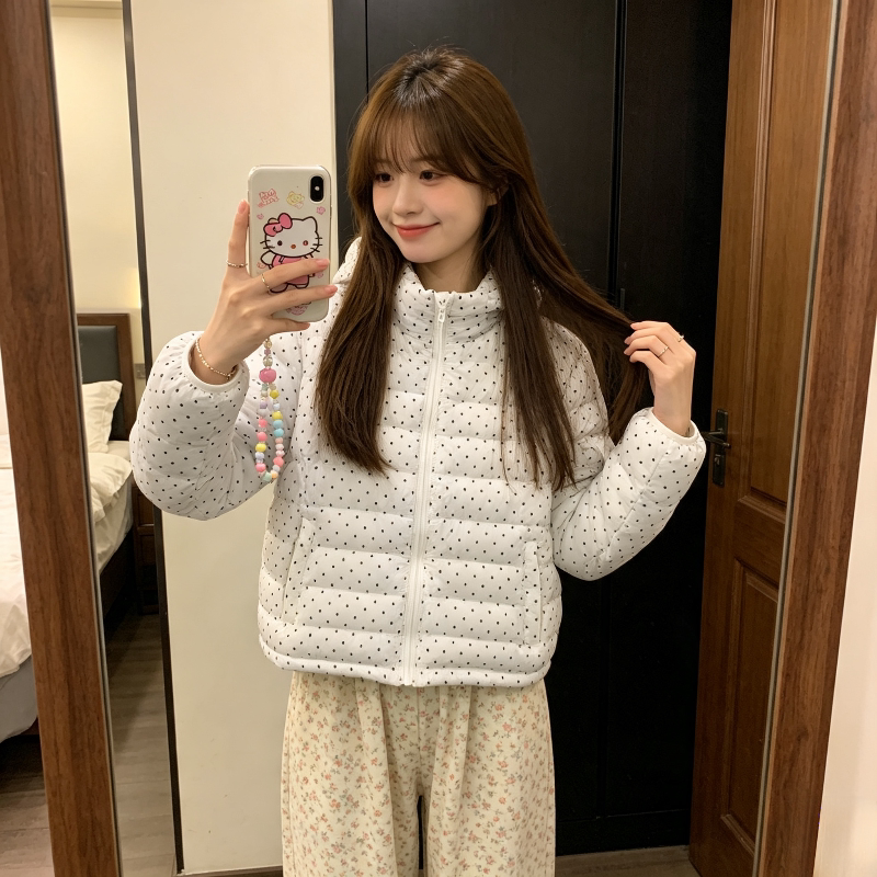 波点慵懒风连帽设计感小个子轻薄款排骨服棉服外套女洋气百搭休闲