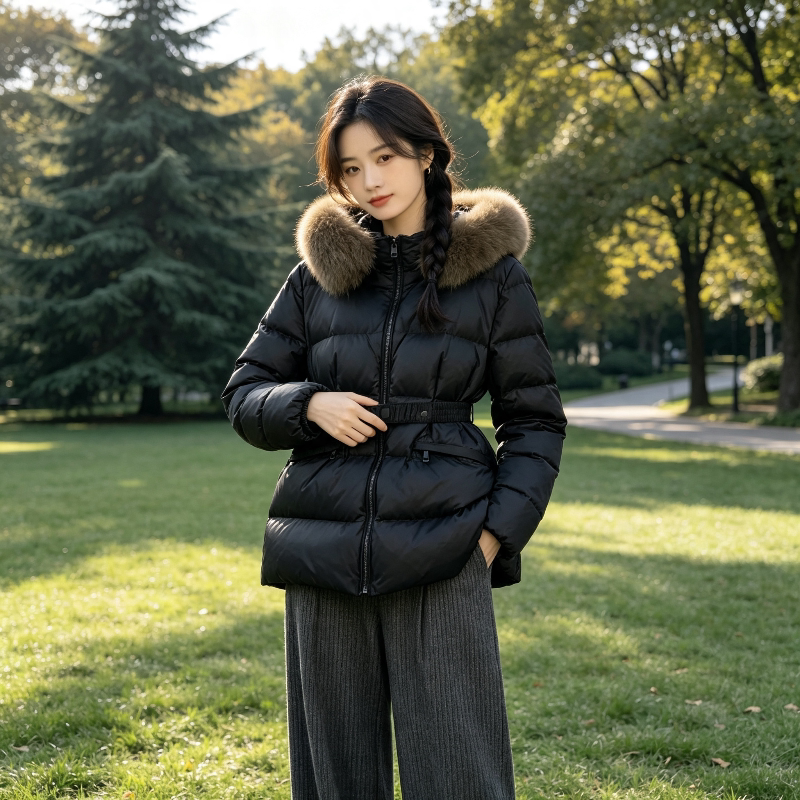 欧货大毛领连帽收腰显瘦气质小个子加厚保暖防寒棉服外套女百搭潮