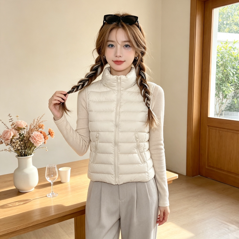 温柔风白色立领无袖坎肩修身显瘦小个子轻薄款减龄排骨棉服马夹女