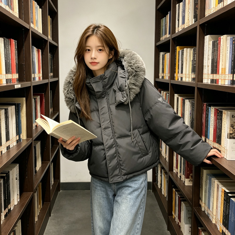 冬季大毛领慵懒风连帽加厚保暖防寒气质宽松大码棉服外套女面包服