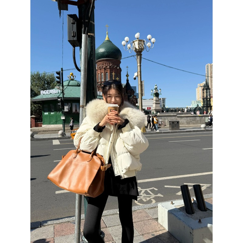 大翻领毛领短款设计感加厚保暖防寒宽松小个子气质棉服外套女棉袄
