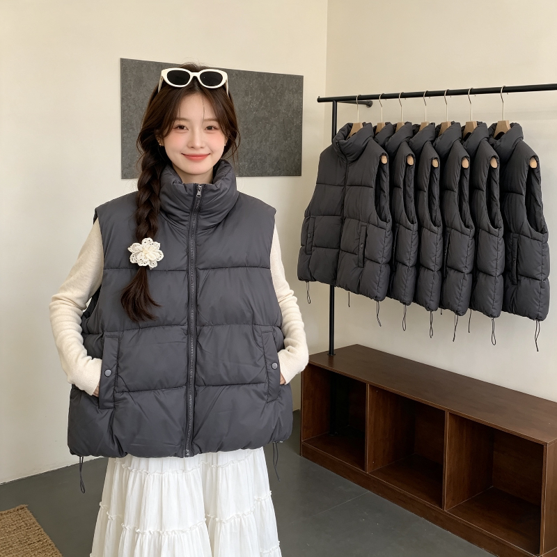 高级灰秋冬立领设计感无袖坎肩加厚保暖宽松大码小个子棉服马夹女