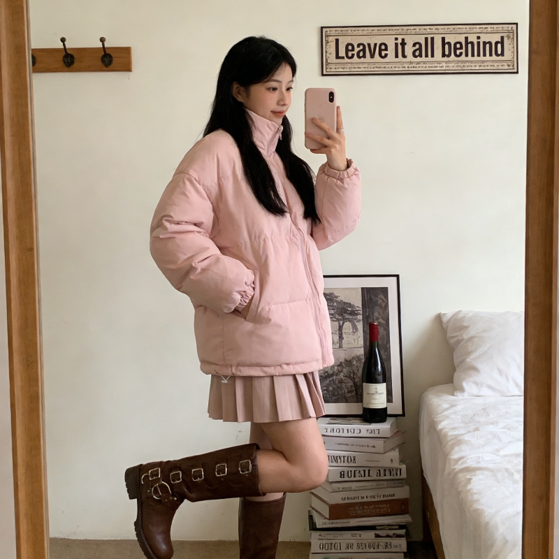 粉色温柔风减龄立领加厚保暖防寒宽松大码小个子棉服外套女面包服
