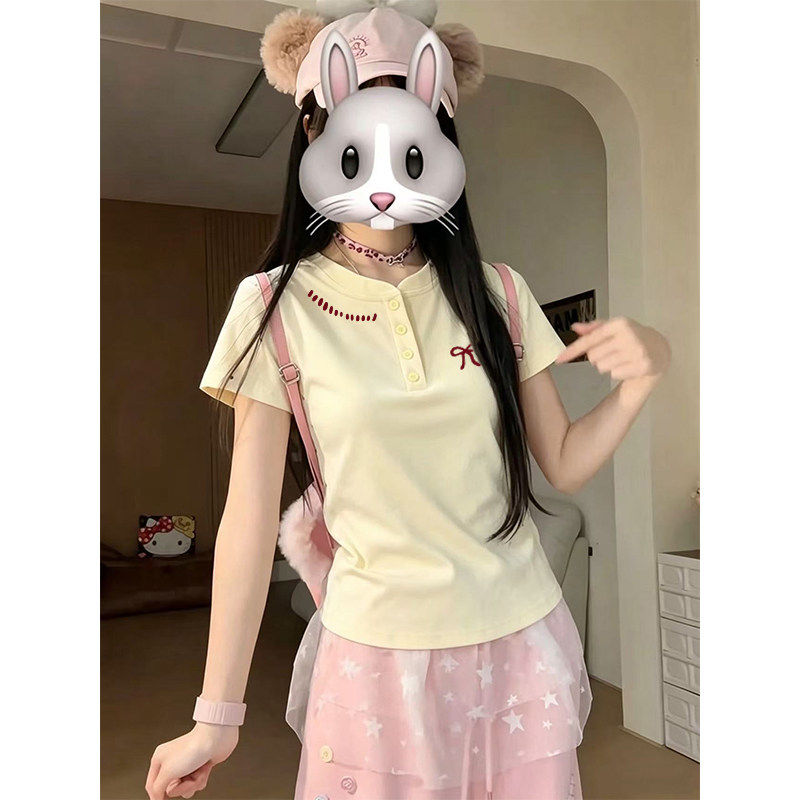 奶黄色减龄夏季学生修身显瘦Polo衫短袖T恤女小飞袖洋气圆领上衣