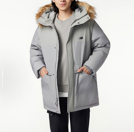 New Balance 纯色保暖连帽中长款派克羽绒服 男女同款 AMJ33330