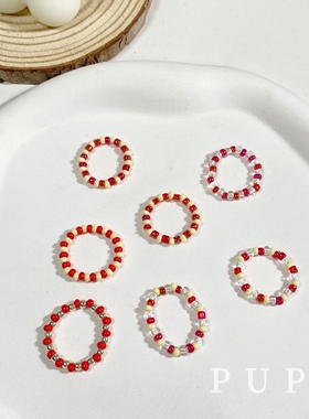 PUPU原创手工新年节日系列红色系彩色串珠戒指叠戴简约百搭显白