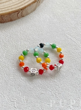 PUPU手工s925纯银彩虹笑脸戒指水晶隔珠教学百搭ins不撞款