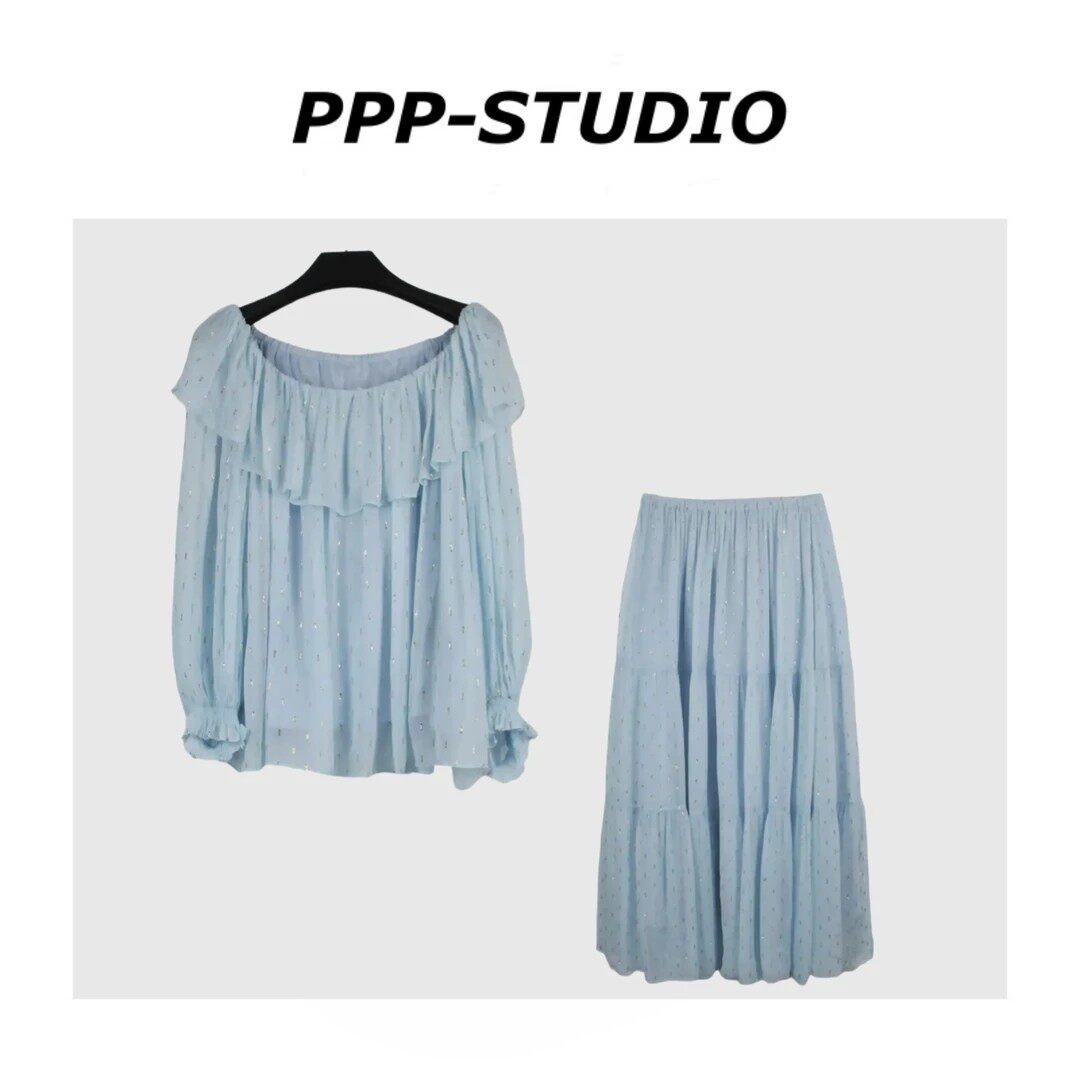 PP-STUDIO新款时尚百搭荷叶边金箔上衣+中长裙套装