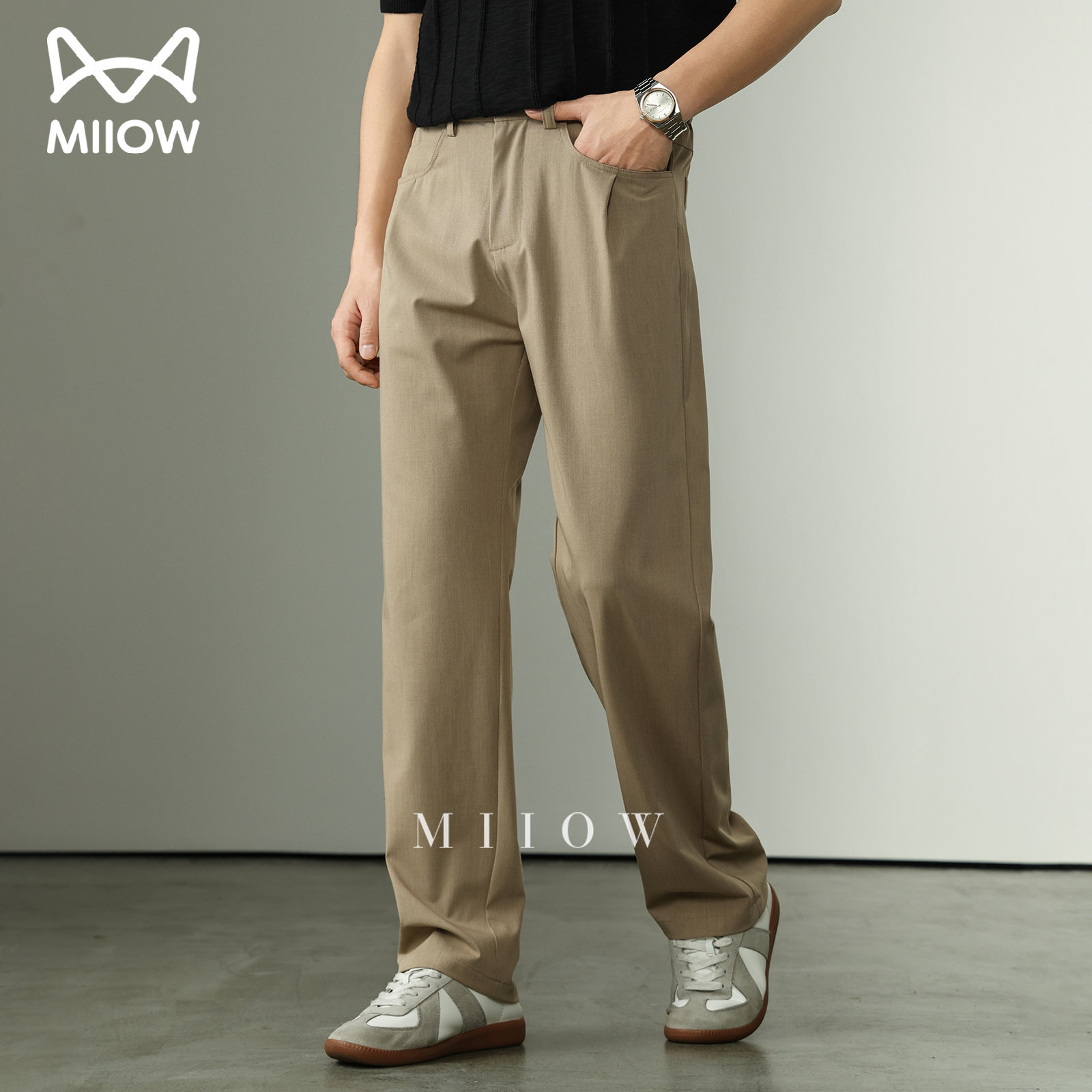 高端老钱风四面弹休闲裤男轻商务垂顺百搭直筒西裤卡其色通勤长裤