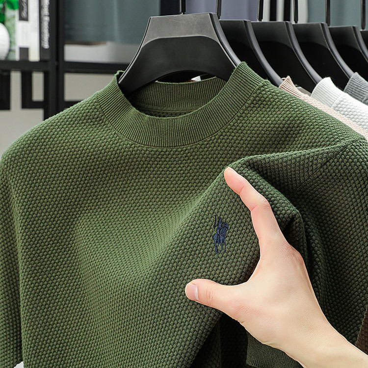 夏季菠萝纹短袖t恤男100%纯棉透气Polo衫纯色圆领针织半截袖上衣