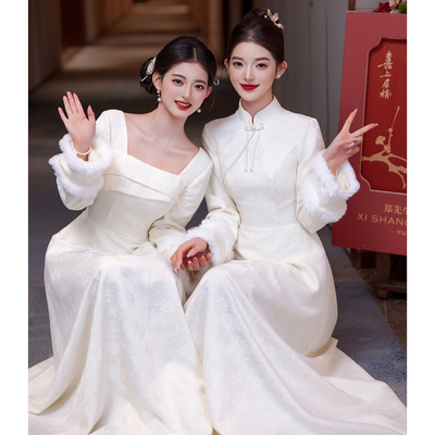 香槟色伴娘服秋冬2025新款长袖冬季中式姐妹团晚礼服裙女高级小众