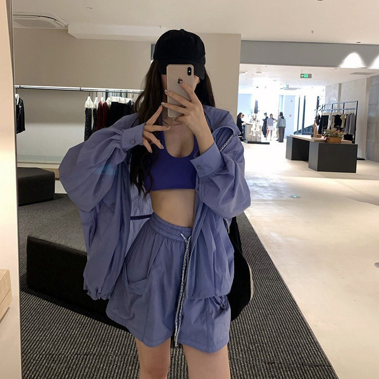嘻哈炸街防晒运动套装女夏季感宽松连帽外套短裤登山服两件套