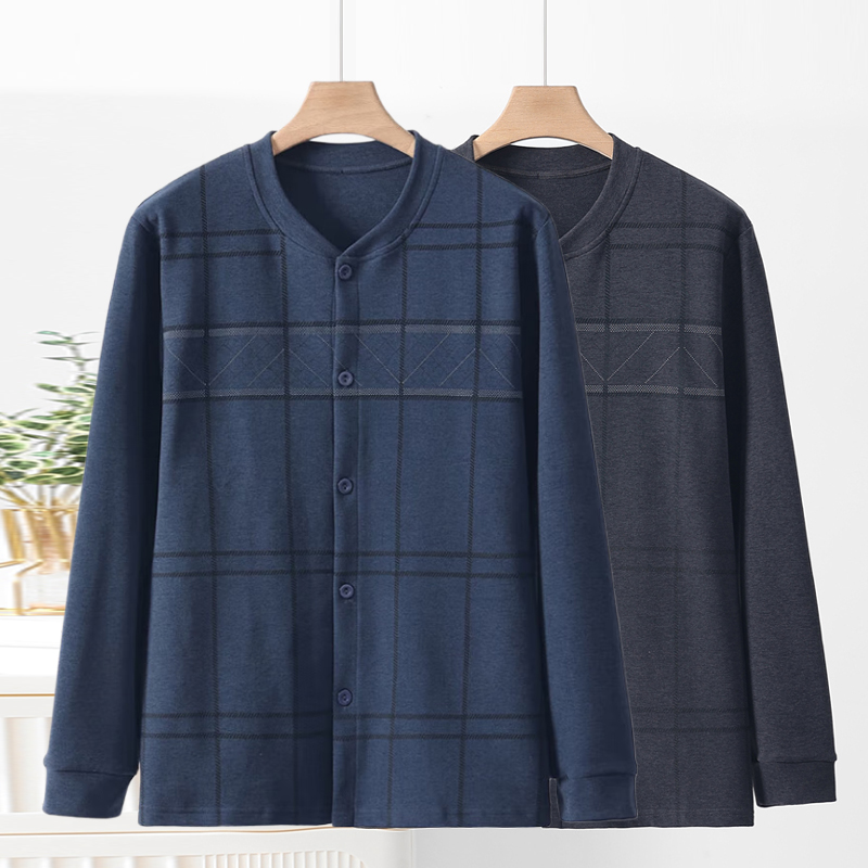 中老年男士德绒保暖上衣开衫系扣长袖秋衣加肥加大老人开襟磨绒衫