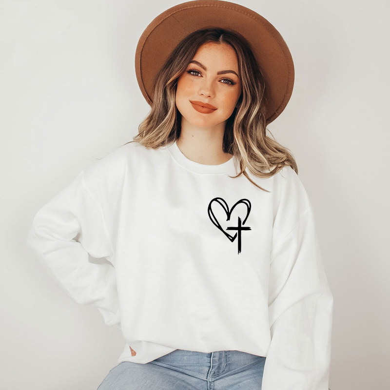 爱心十字架口袋印花女士卫衣纯棉宽松Religious Women Sweatshirt