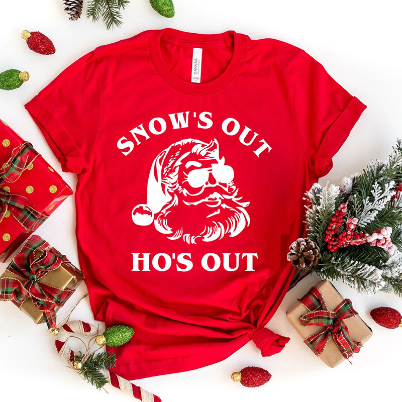Merry Christmas Women T Shirt圣诞老人印花圆领短袖T恤上衣纯棉