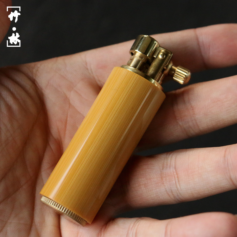 精品纯手工精磨天然实心老玉竹燃油打火机竹雕竹制点烟器复古铜制