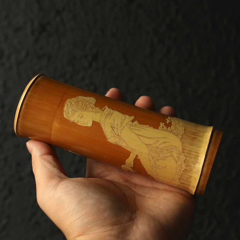 一物一拍精品名家戚挺飞纯手工留青雕刻仕女图老玉竹茶叶罐竹茶仓