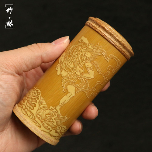 名家裘立钢纯手工留青雕刻魁星点斗老玉竹茶叶罐竹雕文玩竹制茶仓 - 封面